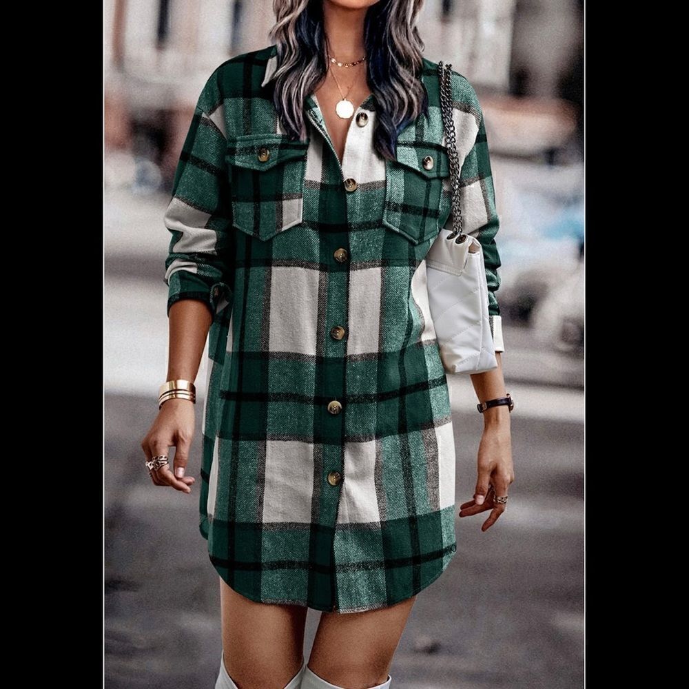 56. Green Shacket Loose Plaid Button Closure Pocket Shirt Dress Boutique Size L